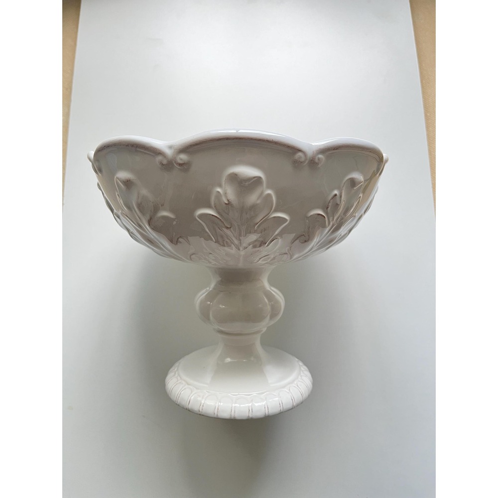 White Ceramic Pedestal Compote raised leaf design French Provincial Isaac